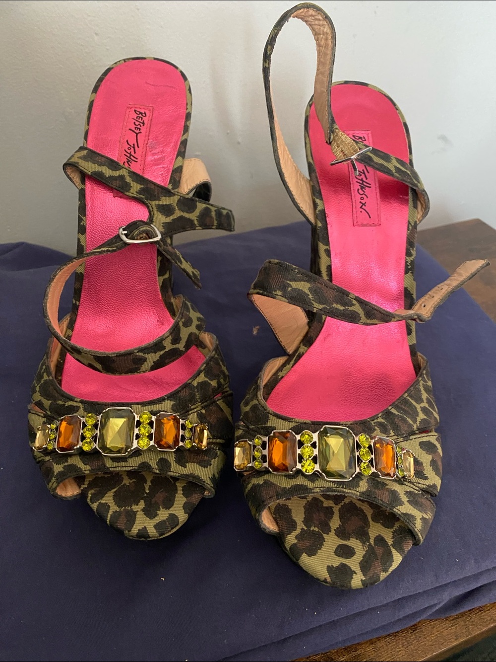 Betsey Johnson Leopard Print Jeweled Slingback Heels with Pink Insole